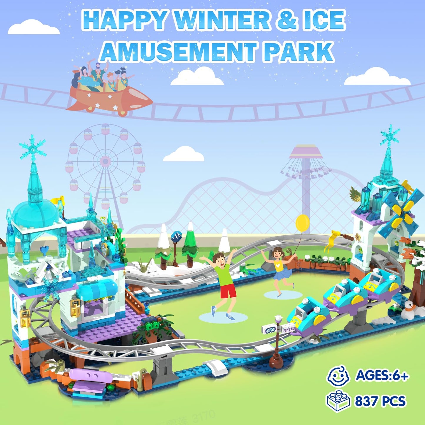 Cubimana Frozen Roller Coaster Building Set With Led Light - 837Pcs City Ice Snow Amusement Park Coaster Building Block Rollerco