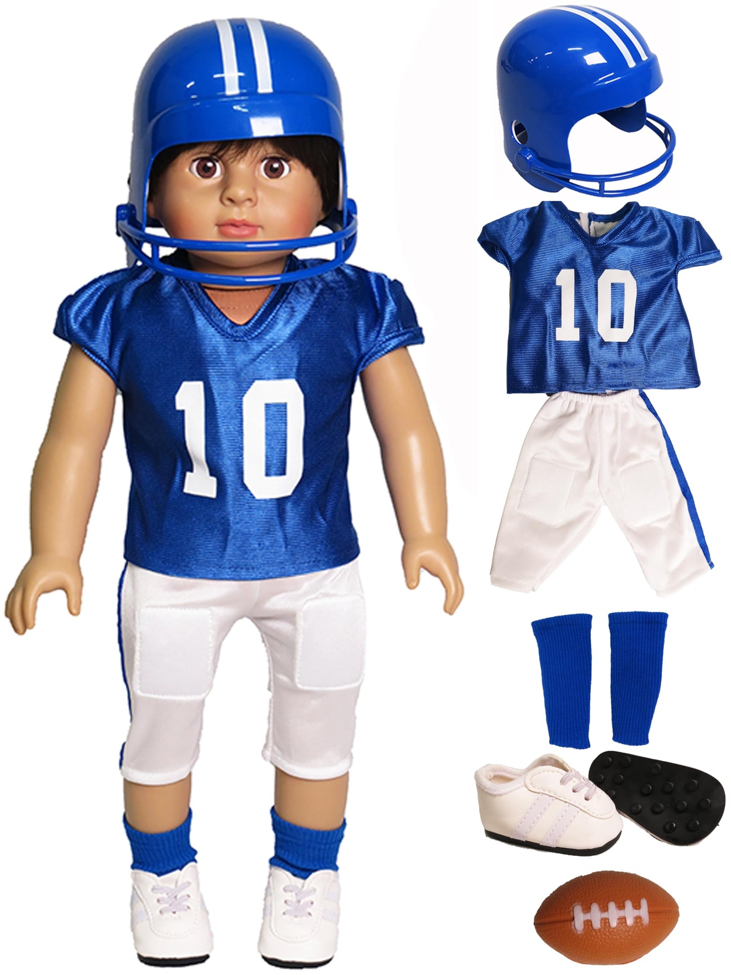 American Fashion World Blue Football Uniform 6pc Set for 18-Inch Dolls | Premium Polyester Material & Trendy Design