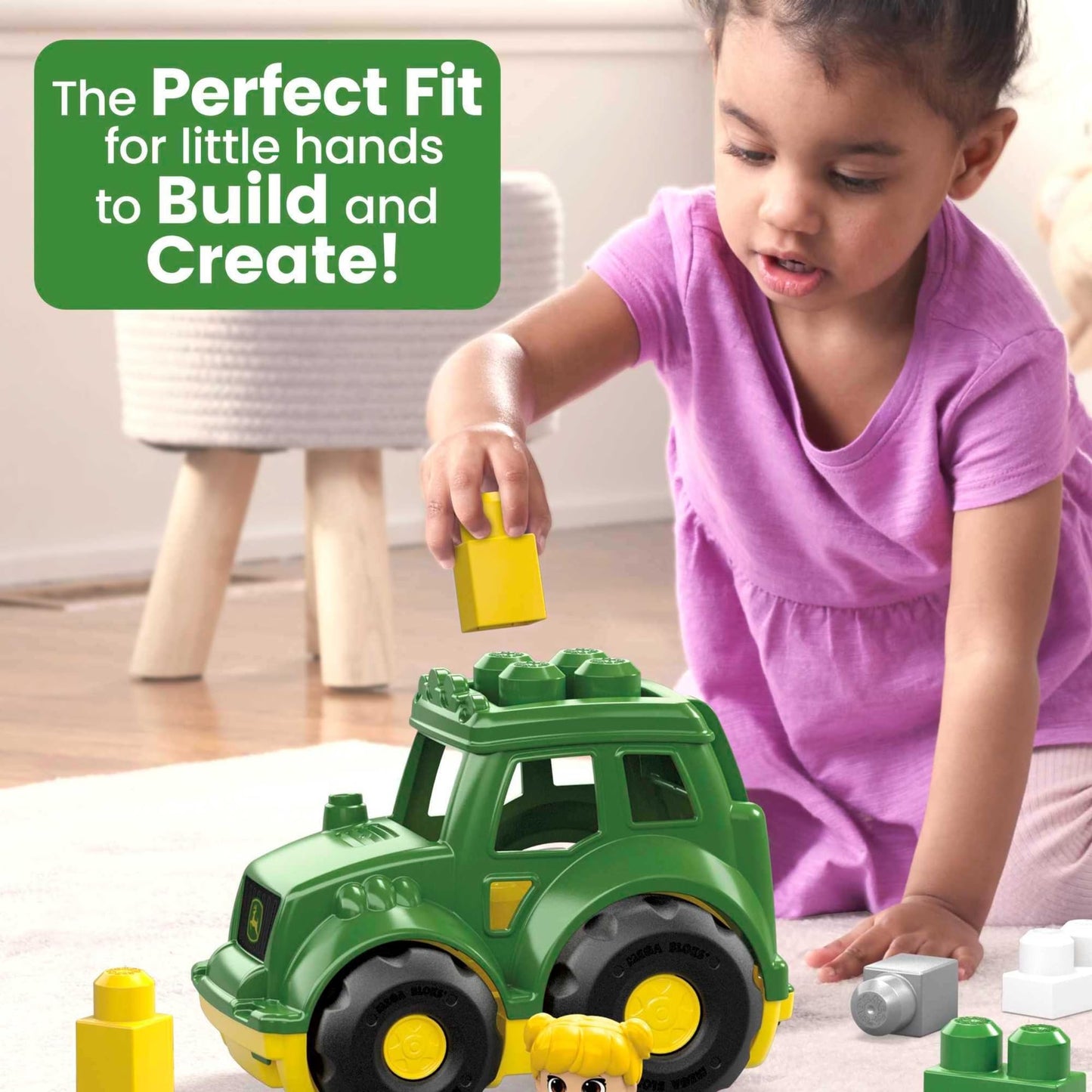 MEGA BLOKS John Deere Toddler Building Blocks Toy Set, Lil Tractor with 6 Pieces and Storage, 1 Figure, Green , Ages 1+ Years