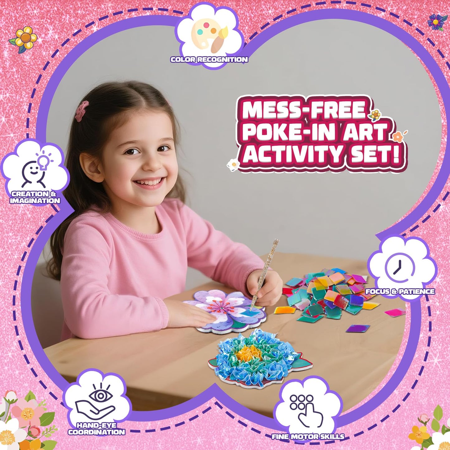 Flower Bouquet Art Craft Kit, Poke DIY Creative Activity Kit with with 6 Flowers & 6 Light Strings, Mess-Free Fun for Girls & Bo
