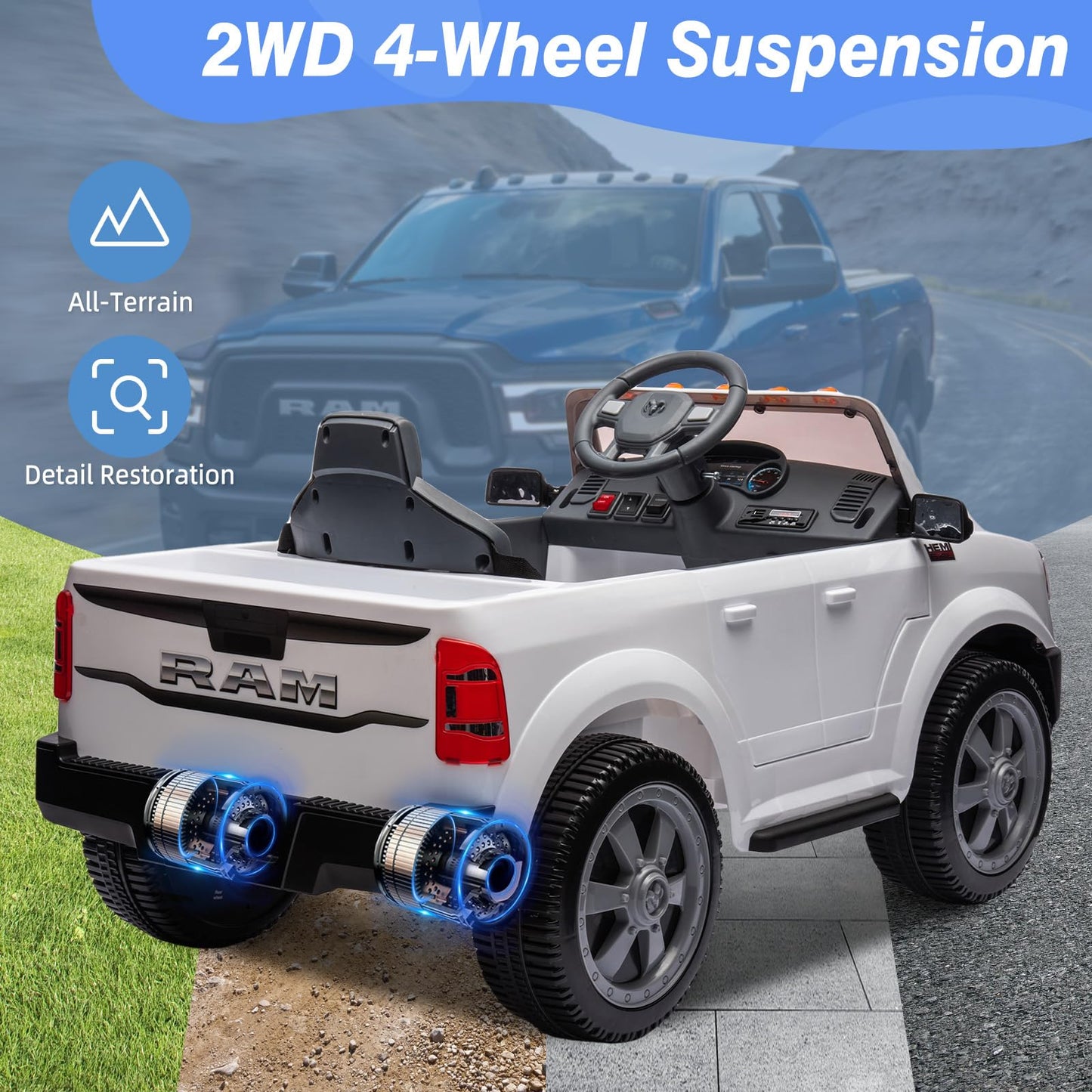 12V Ride on Toys for Kids 4-8, Licensed Ram 2500, Electric Car for Kids, with Remote Control, LED Light/Music/MP3, Back Storage