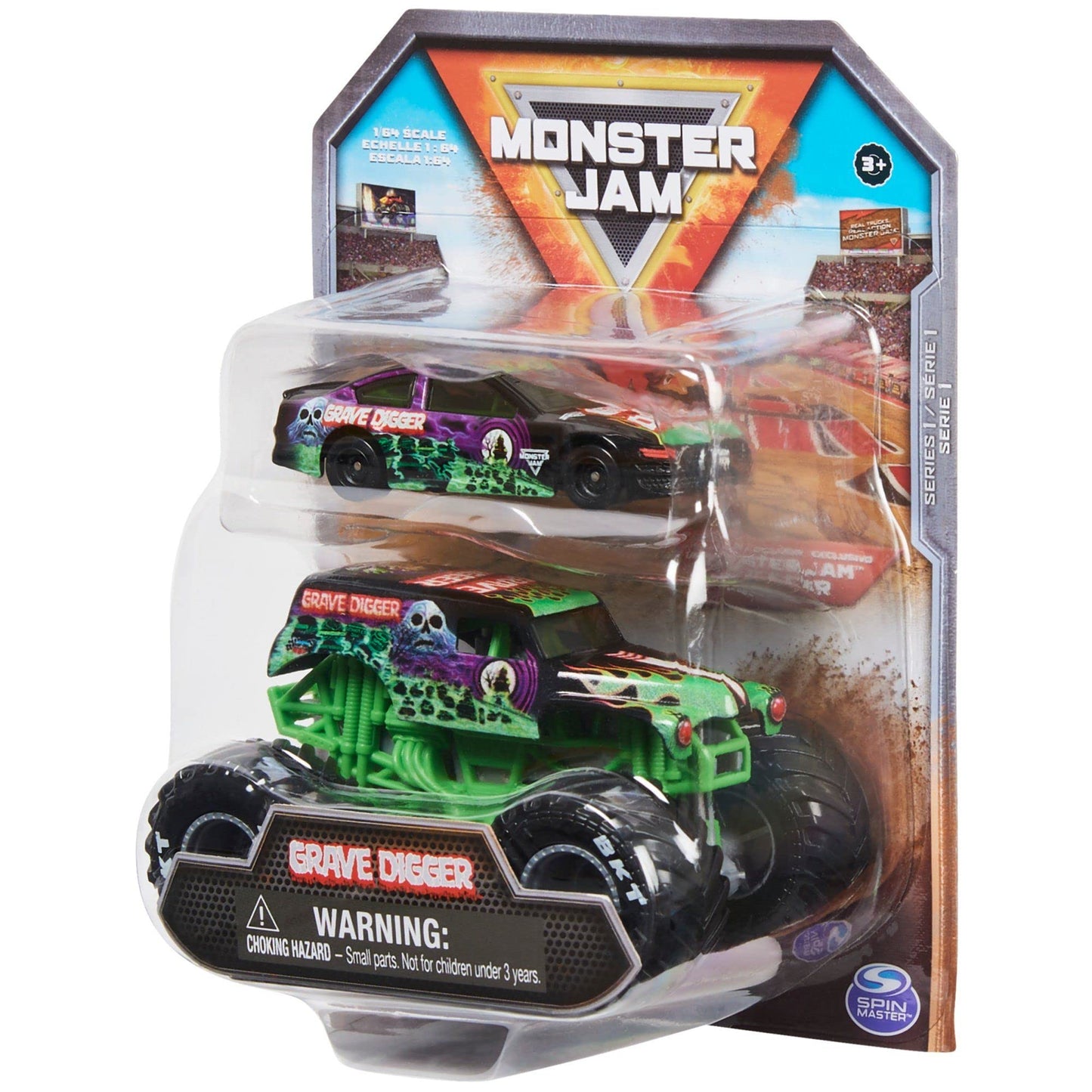 Monster Jam 1:64 Scale Diecast 2-Pack - Grave Digger Monster Truck & Race Car - Various Colors