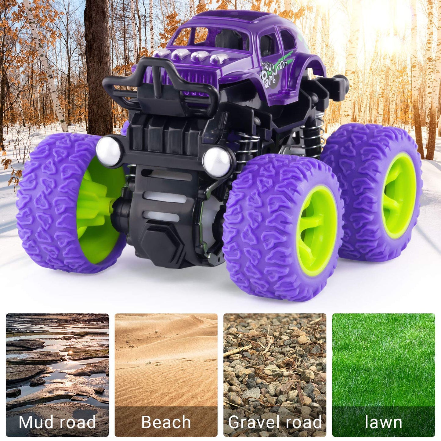 4 Pack Monster Truck Toys - Friction Powered Push and Go Toy Cars, Inertia Car Toy Set Stunt Toy Vehicles, Birthday Party Suppli