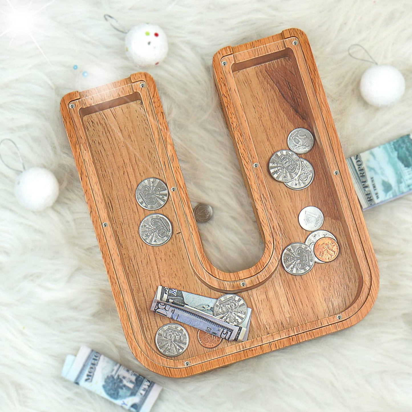 Piggy Bank For Kids Boys Girls, Large Personalized Wooden Letter Piggy Bank With Cut-Out Design, Alphabet Letter Coin Banks, Money Savings Box, Wooden Bank For Kids Creative Gift For Real-Money(U)