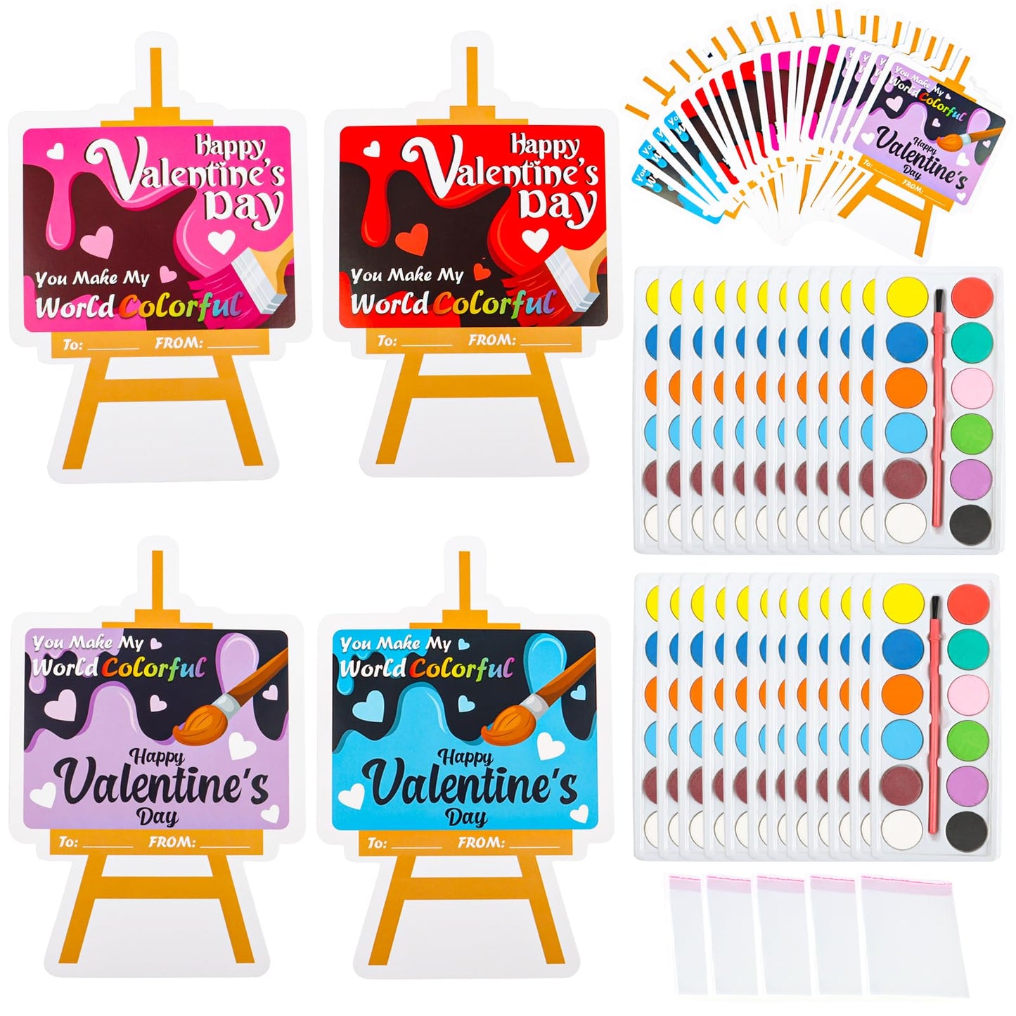 KIMOBER 24 Packs Valentines Day Gifts Cards with Watercolor Paint,Valentines Day Exchange Gifts with 25 Seal Bags for School Cl