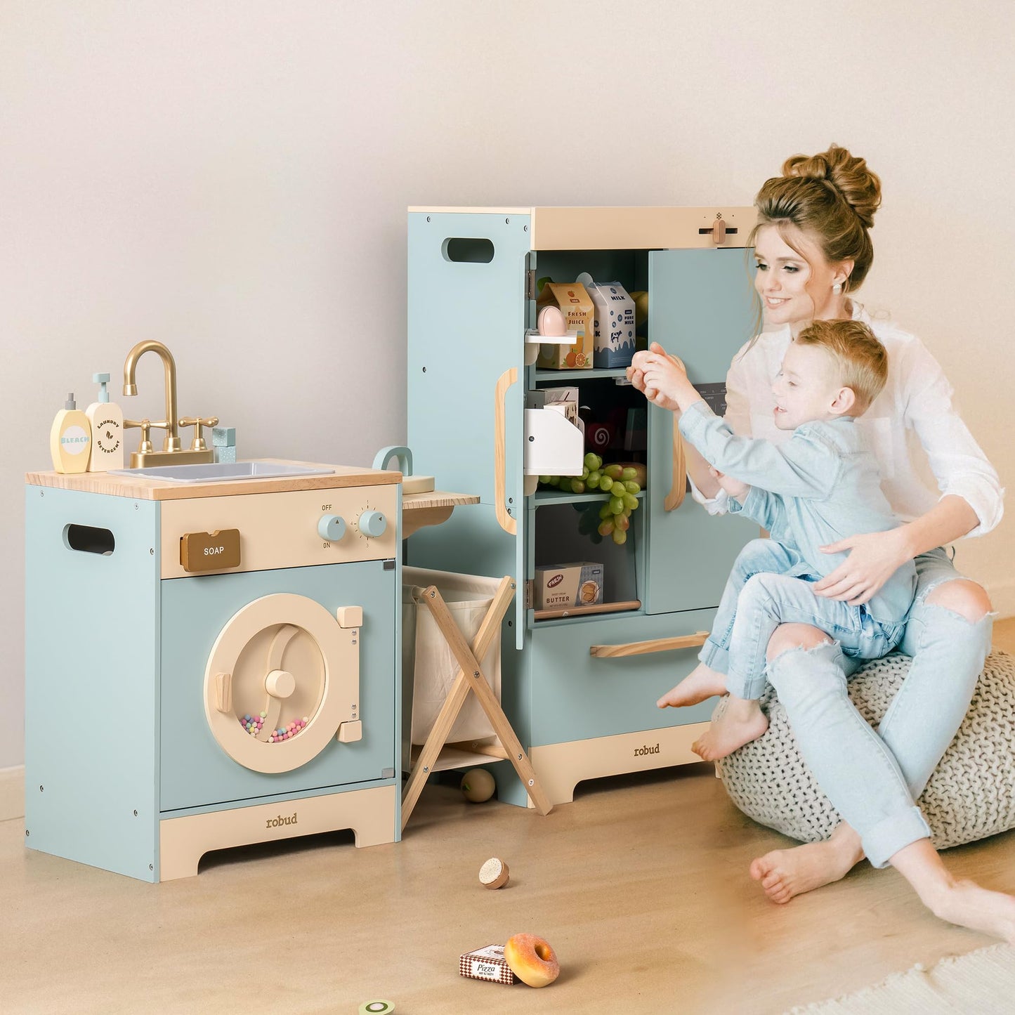 ROBUD Wooden Play Kitchen Set, Kids Toy Kitchen Set with Realistic Design, Utensils, Ice Maker, Fridge, Oven, Washer, Modern Sty