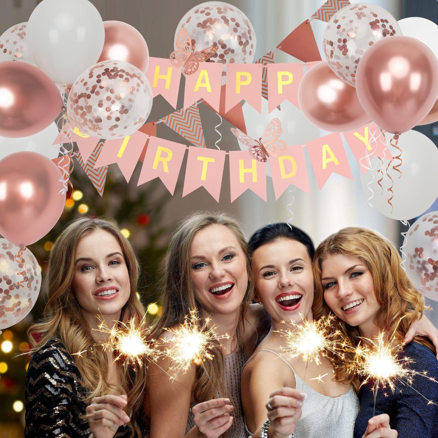 Rose Gold Birthday Decoration, 18 Pcs 12 Inch Happy Birthday Banner With Butterfly Stickers And Balloons For Girl And Women Happ