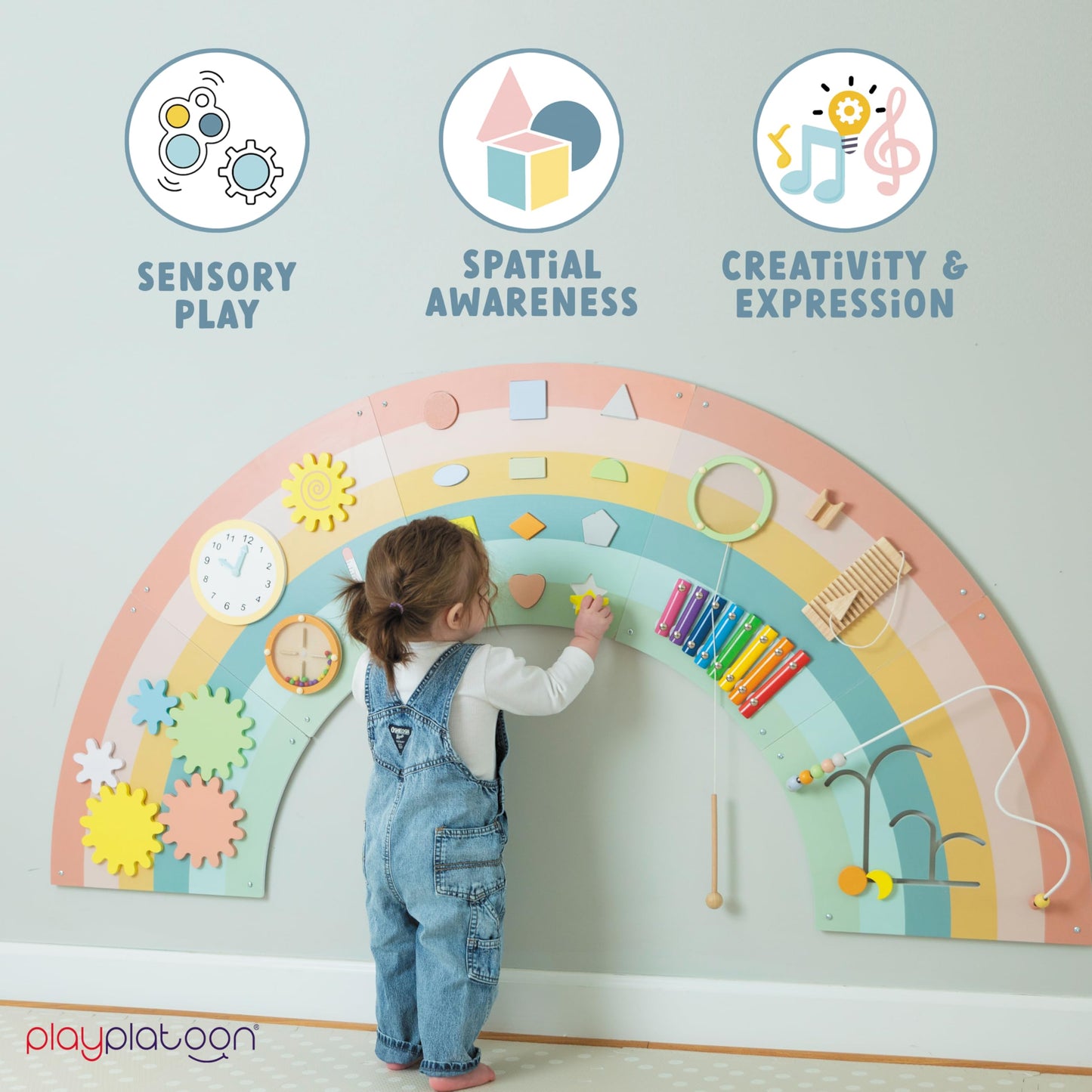 Play Platoon Sensory Wall Panel - 64x32 Rainbow Wooden Activity Board for Toddlers 1-3, Montessori Busy Board with 11 Fun Activities