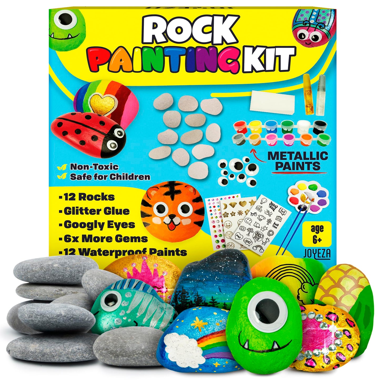 JOYEZA Rock Painting Kit Deluxe, Arts and Crafts for Girls Boys Age 6+, 12 Rocks Tween Gift Art Set, Waterproof Paints, Craft Ki