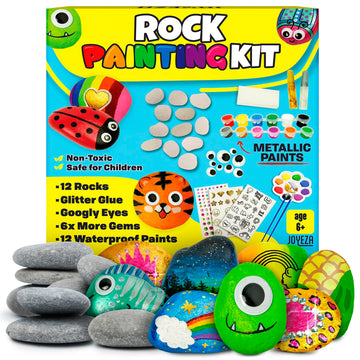 JOYEZA Rock Painting Kit Deluxe, Arts and Crafts for Girls Boys Age 6+, 12 Rocks Tween Gift Art Set, Waterproof Paints, Craft Ki