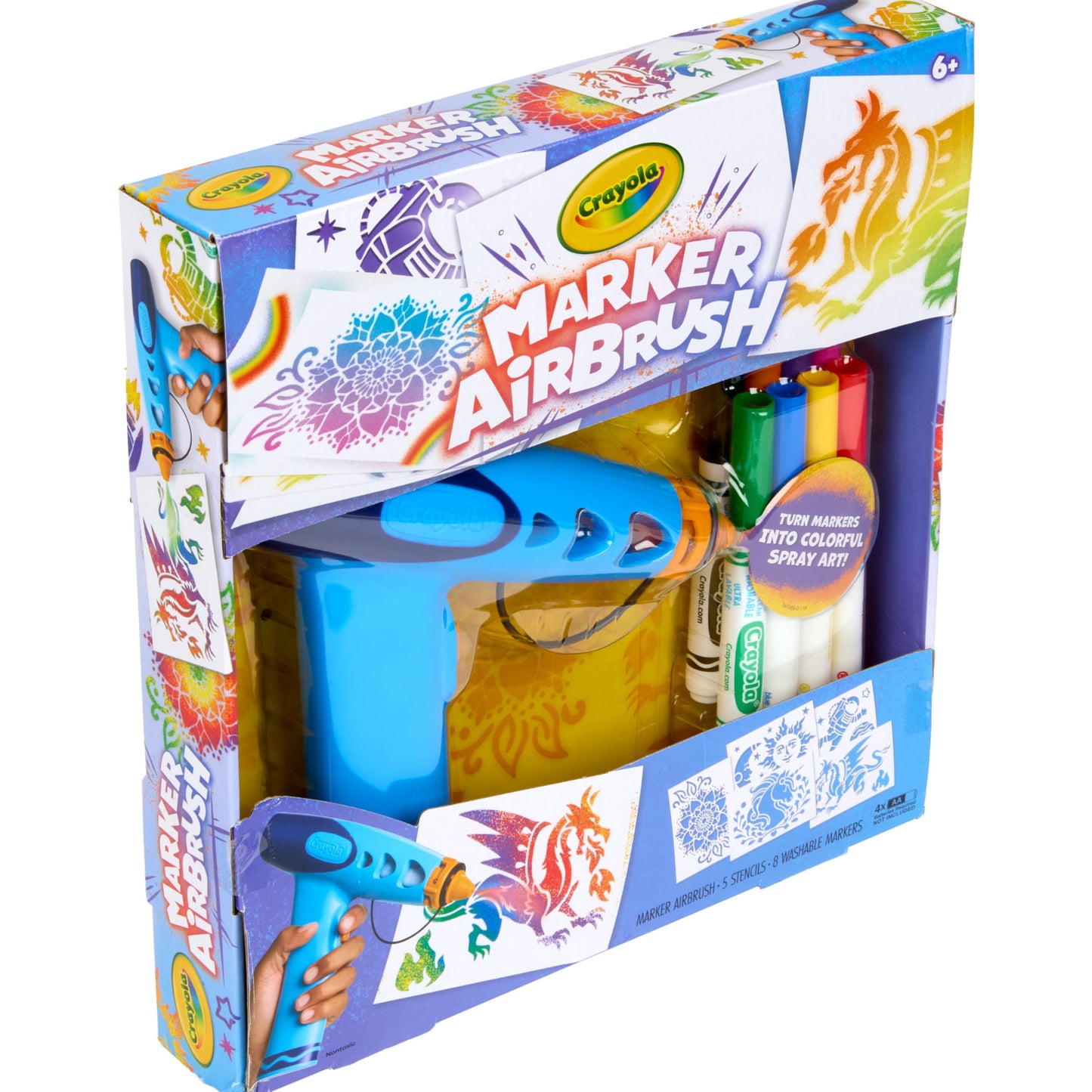 Crayola Marker Airbrush Spray Art Kit, Battery-Powered Sprayer with 8 Washable Markers & 5 Stencils, DIY Craft Set for Kids, Gif