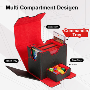 Fabmaker Deck Box For Mtg Commander, 4-In-1 Magic Card Storage Box, Commander Display, Fits 100 Double-Sleeved Cards, Large Card Box For Magic The Gathering With 2 Divider & 35Pt Holder, Red