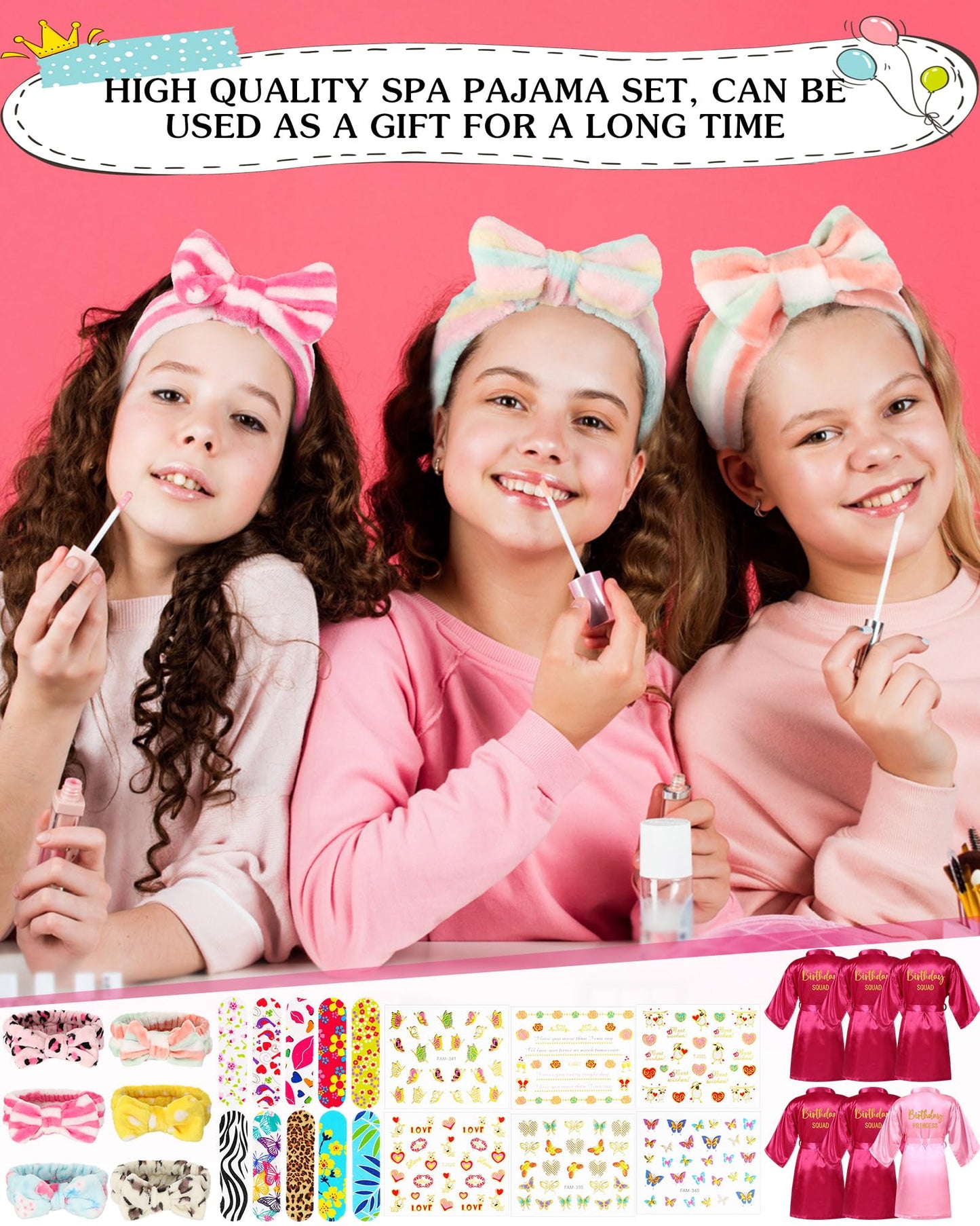 Suhine 6 Set Spa Party Supplies For Girls, Kids Satin Robes Nail Salon Kit Spa Kit Accessories For Birthday Party Favors (Cute C