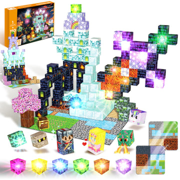 150 Pcs Magnetic Building Toys, Magnetic Building Blocks With Light, Magnetic Cubes Princess & Knight Theme Light Up, Stem Senso