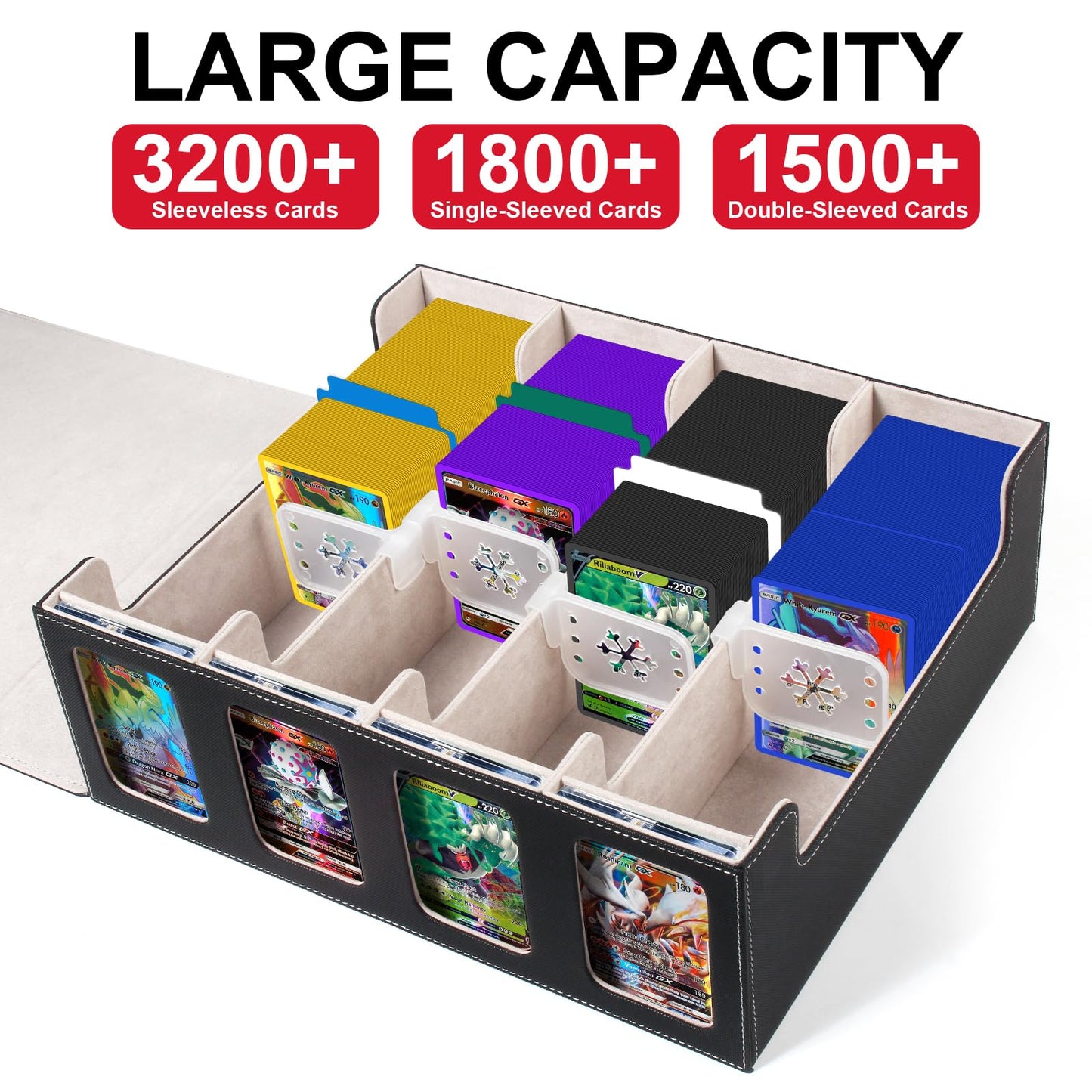GEAoffice Trading Card Storage Box for 3200+ Cards With Display Windows  enhanced MTG Deck Box With Card Supporters & Divider  MTG Commander Deck Box for TCG  Magic Game  Sports  Black/Grey