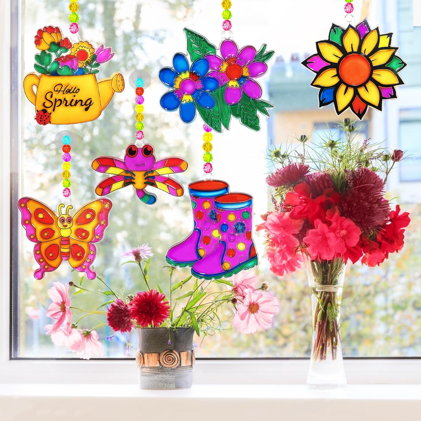 Ayhuhra 30 Sets Spring Flower Suncatcher Craft Kit Butterfly Sun Catcher DIY Window Paint Art Suncatcher Kits for Spring Summer