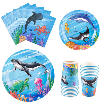 Wernnsai Ocean Party Tableware Set - 64 Pcs Under The Sea Party Supplies Sea Animal Theme Party Plates Napkins Cups Dinnerware Birthday Baby Shower Party Decorations Underwater Party For 16 Guests