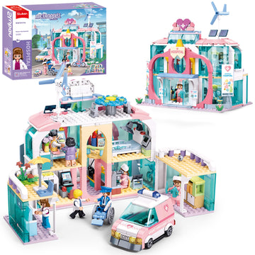Sluban Girls Friends Hospital Building Sets, City Playset With Pull-Back Ambulance 4 Departments, 7 Minifigures, Compatible With Lego Friends, Christmas Thanksgiving Day Gifts For Girls Kids 6+ 8+ 12+