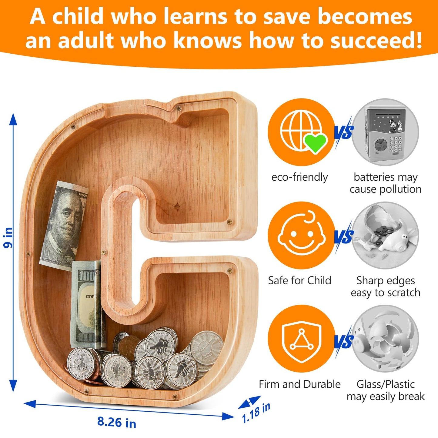 Wooden Letter Piggy Bank for Kids  Initial Coin Bank for Boys and Girls  First Name Personalized Savings Bank for Birthday Boys Girls Gift Piggy Bank for Kids (Wood  S9-C)