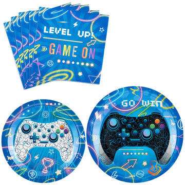 Wernnsai Video Game Party Supplies - 48 Pcs Gamer Theme Party Tableware Set Gaming Birthday Party Decorations Dinner Plates Paper Napkins For Family Gaming Night Boys Birthday Serves 16 Guests