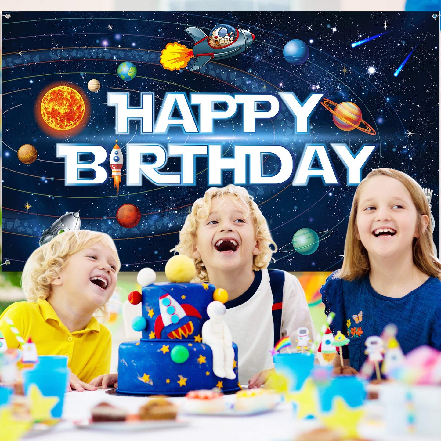 Sumind Astronaut Rocket Birthday Banner - 72.8x43.3in Multicolor Poster for Kids Space Party Decorations