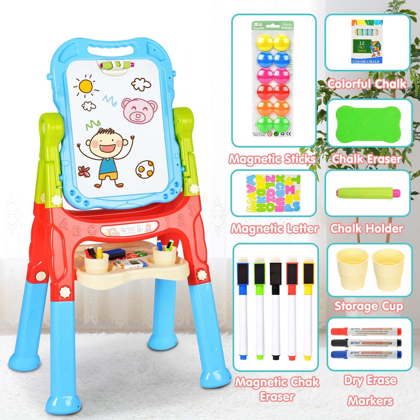 Amagoing Easel For Kids, Adjustable Standing Art Easel For Toddler, Double Magnetic Drawing Board With Painting Accessories, Gif