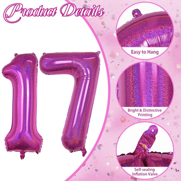 Number 17 Balloons Laser Hot Pink, 17Th Birthday Foil 40 Inch Balloon Number Bright Pink Decor, Big Self Inflating Helium Mylar