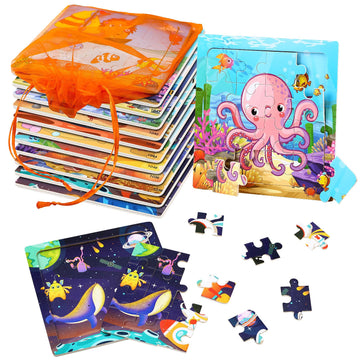 Sannix 12 Pack Wooden Jigsaw Puzzles With 12 Organize Bags, Ocean And Space Toddlers Puzzles For Kids Ages 3 4 5, Party Favors Educational Learning Travel Toys For Boys Girls
