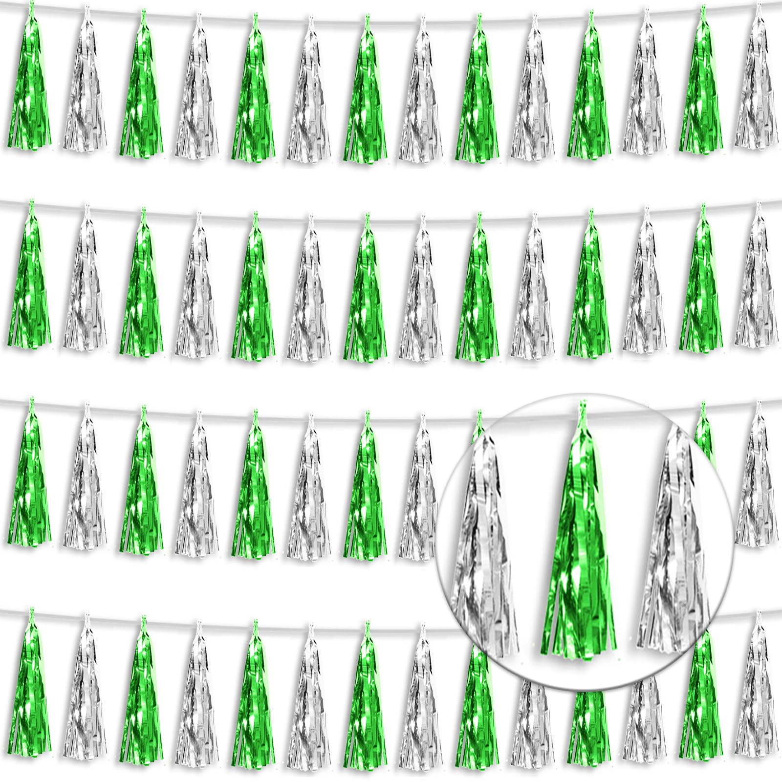 4P Green Silver Foil Fringe Tassel Banner Garland Metallic Tinsel Streamers Wall Hanging Curtain Backdrop Banner for Parade Floa