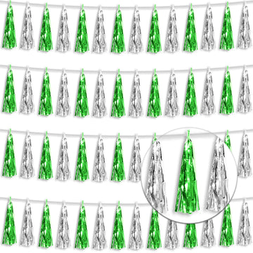 4P Green Silver Foil Fringe Tassel Banner Garland Metallic Tinsel Streamers Wall Hanging Curtain Backdrop Banner for Parade Floa