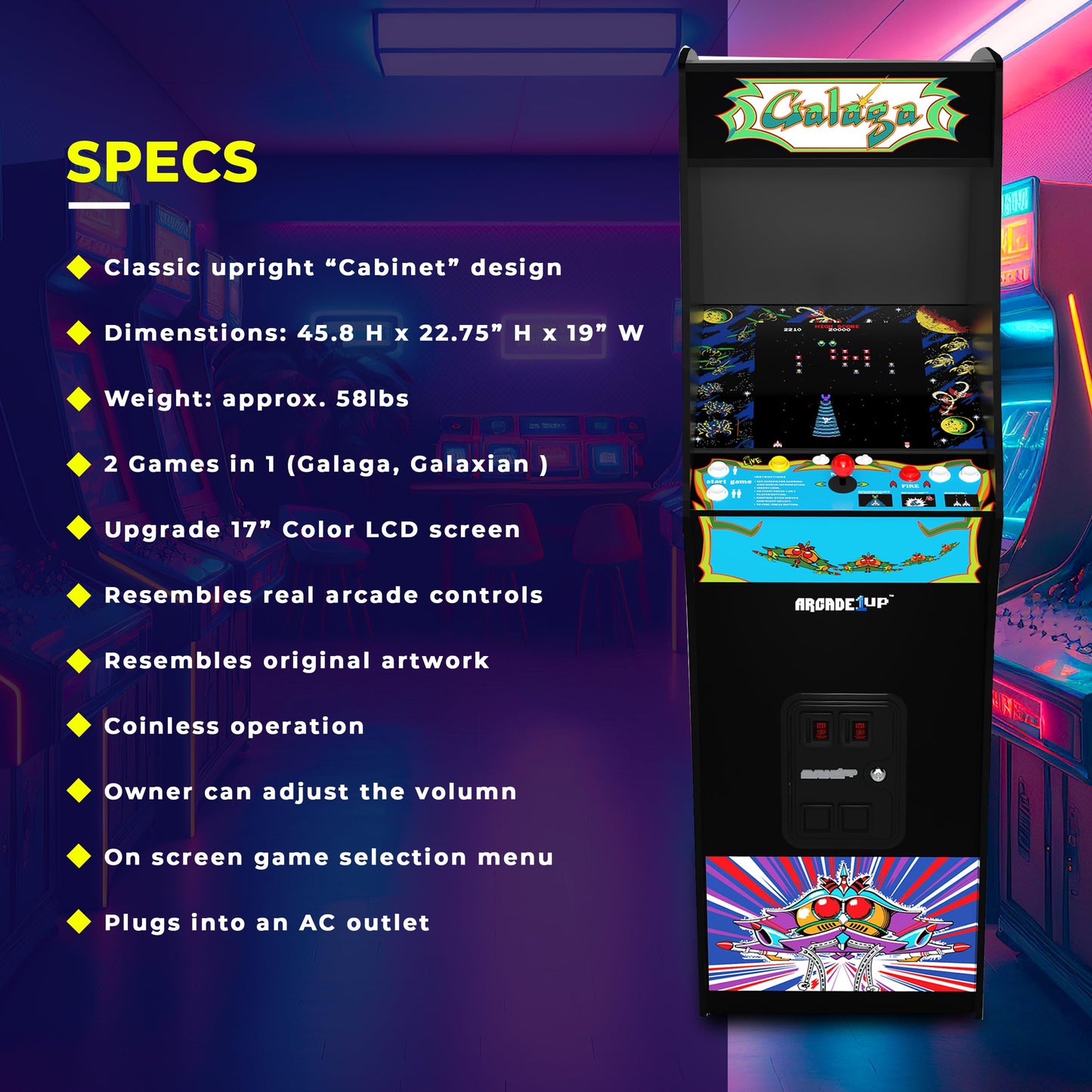 ARCADE1UP GALAGA Deluxe Arcade Machine - 14 Classic Games, 5ft Tall, Black, Model 1237971, Metal Construction