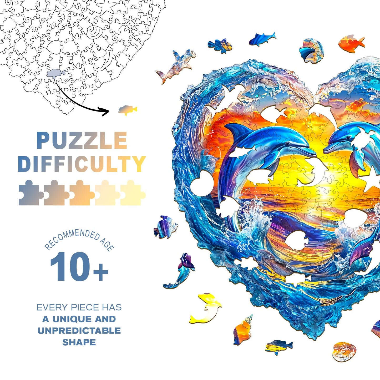 Wooden Puzzles for mature-themeds  Unique Animal Shaped Heartfelt Dolphins mature-themed Puzzle  3D Vision Wooden Jigsaw Puzzles mature-themed  Challenging Creative Gifts Family Games 8.5 * 8.3in 90pcs