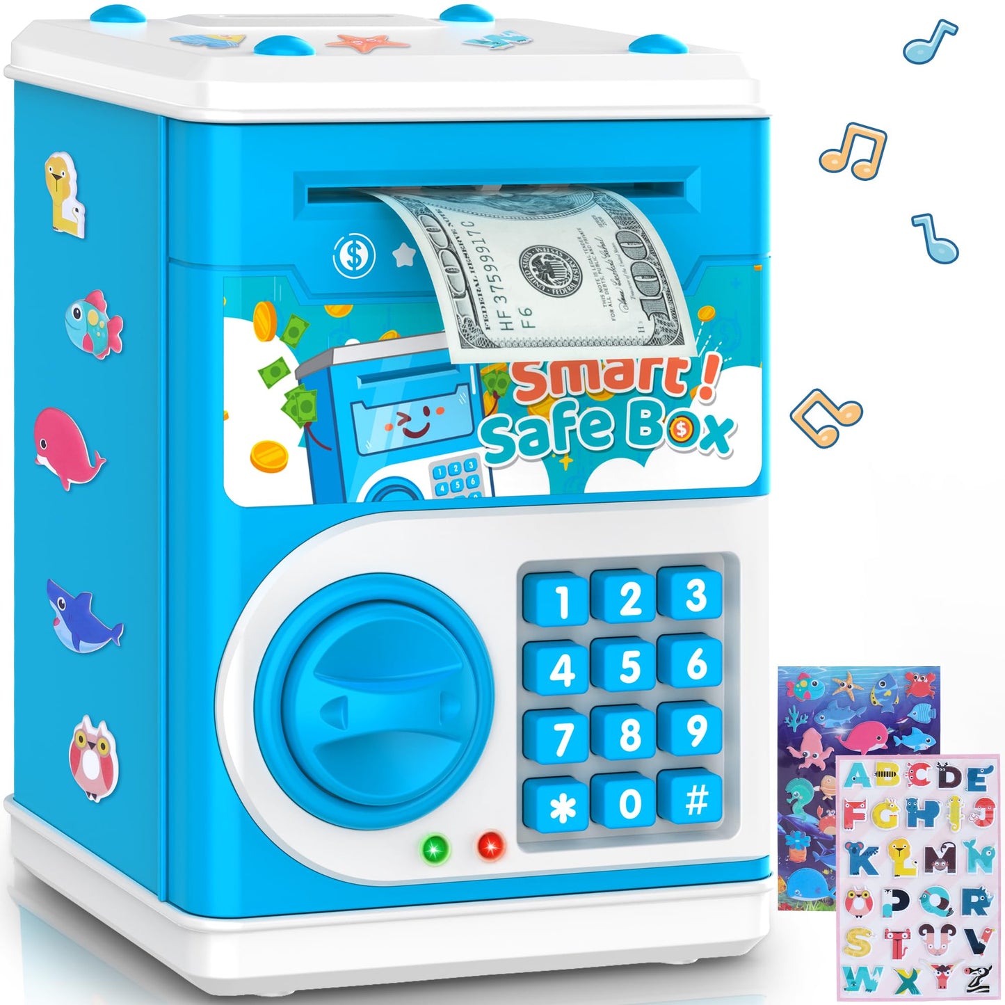 Blue Piggy Bank For Kids, Electronic Coin Money Bank, Children'S Safe Money Jar Toy Age 4 7 8 9 10 11 With Password Code Lock An