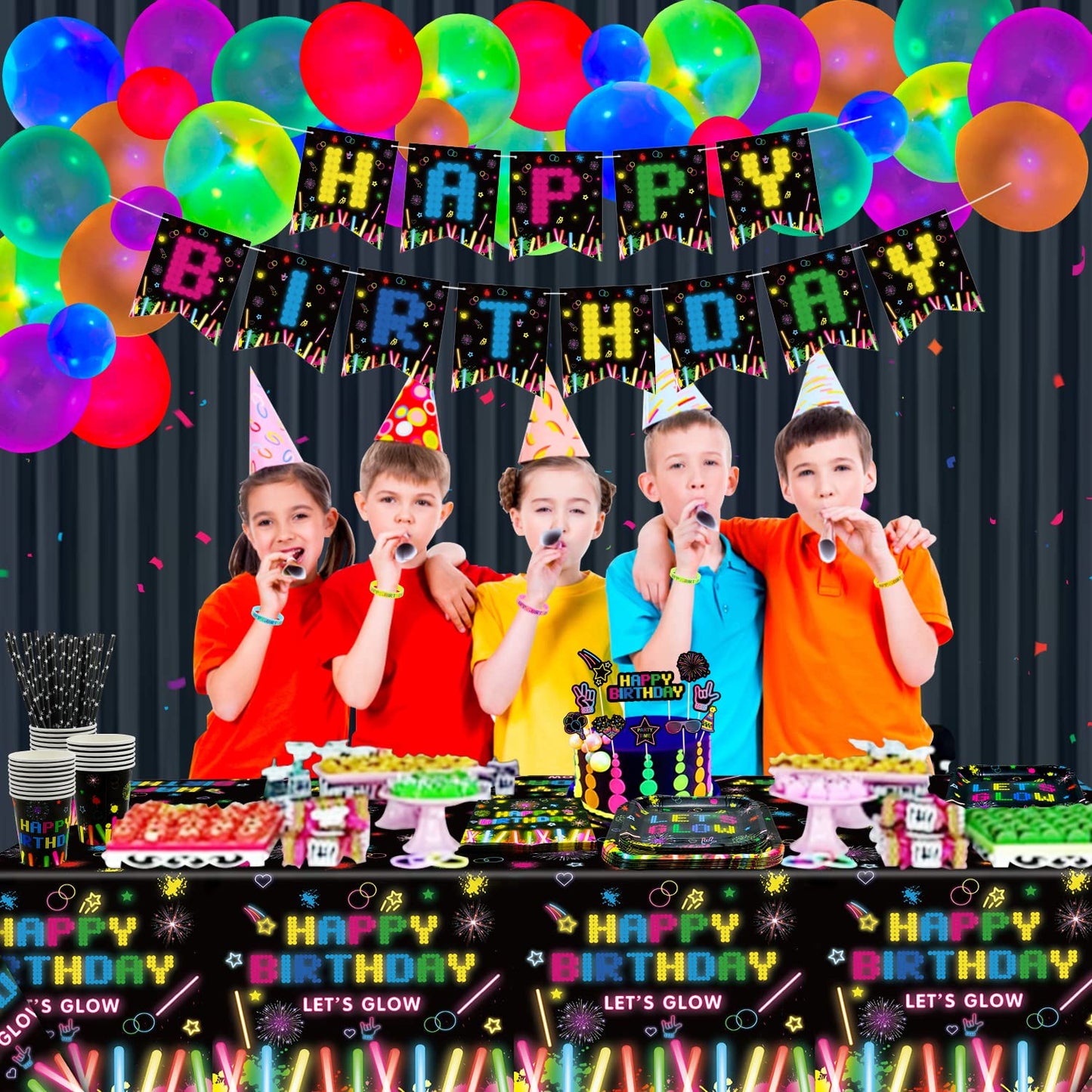 233 Pcs Glow Neon Party Supplies Neon Glow Tableware Set Neon Balloons Glow In The Dark Birthday Banner Cake Toppers For Blackli