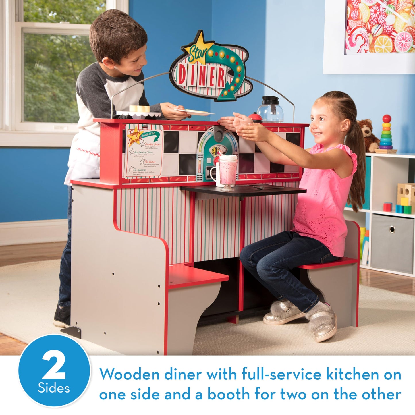 Melissa & Doug Double-Sided Wooden Star Diner Play Space, Red, 35" H x 23" W x 43.5" L, Model 3951, Durable Plastic Construction