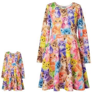 Cat Dresses For Girls & Doll 18 Inch Long Sleeve Fall Winter Kids Dresses 6 7