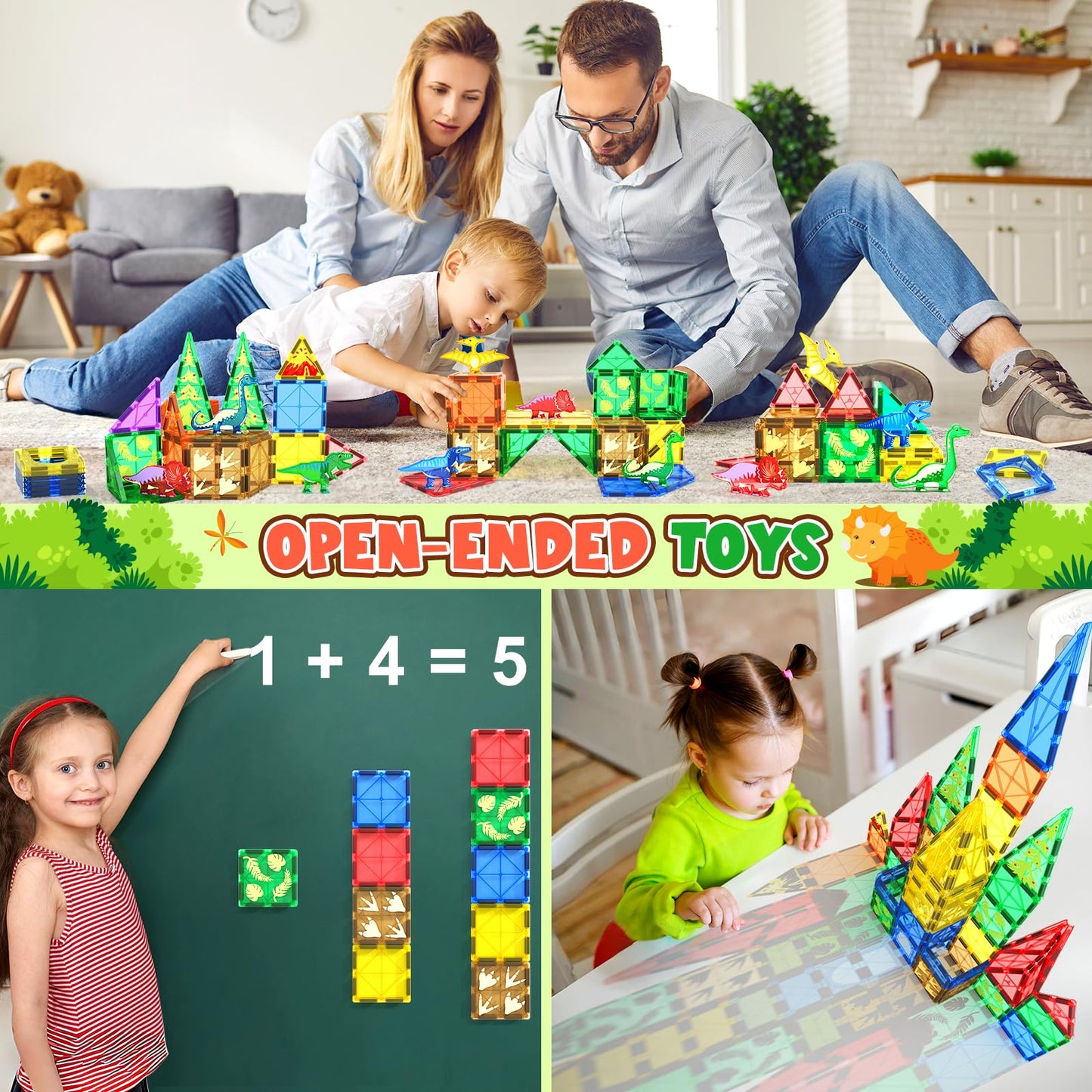 Coodoo Dinosaur Toys Magnetic Tiles Jungle Dinosaur World Starter Set - Kids Games Boys Ages 3-5 4-6 Girls STEM Magnetic Blocks