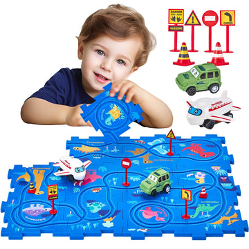 Hahaland Puzzle Racer Kids Car Track Set - 5X5 Inches Larger Size Of Each Piece Toys For Ages 2-4 For Kids 3 Year Old Boy Toys For 3-5 Easter Gifts