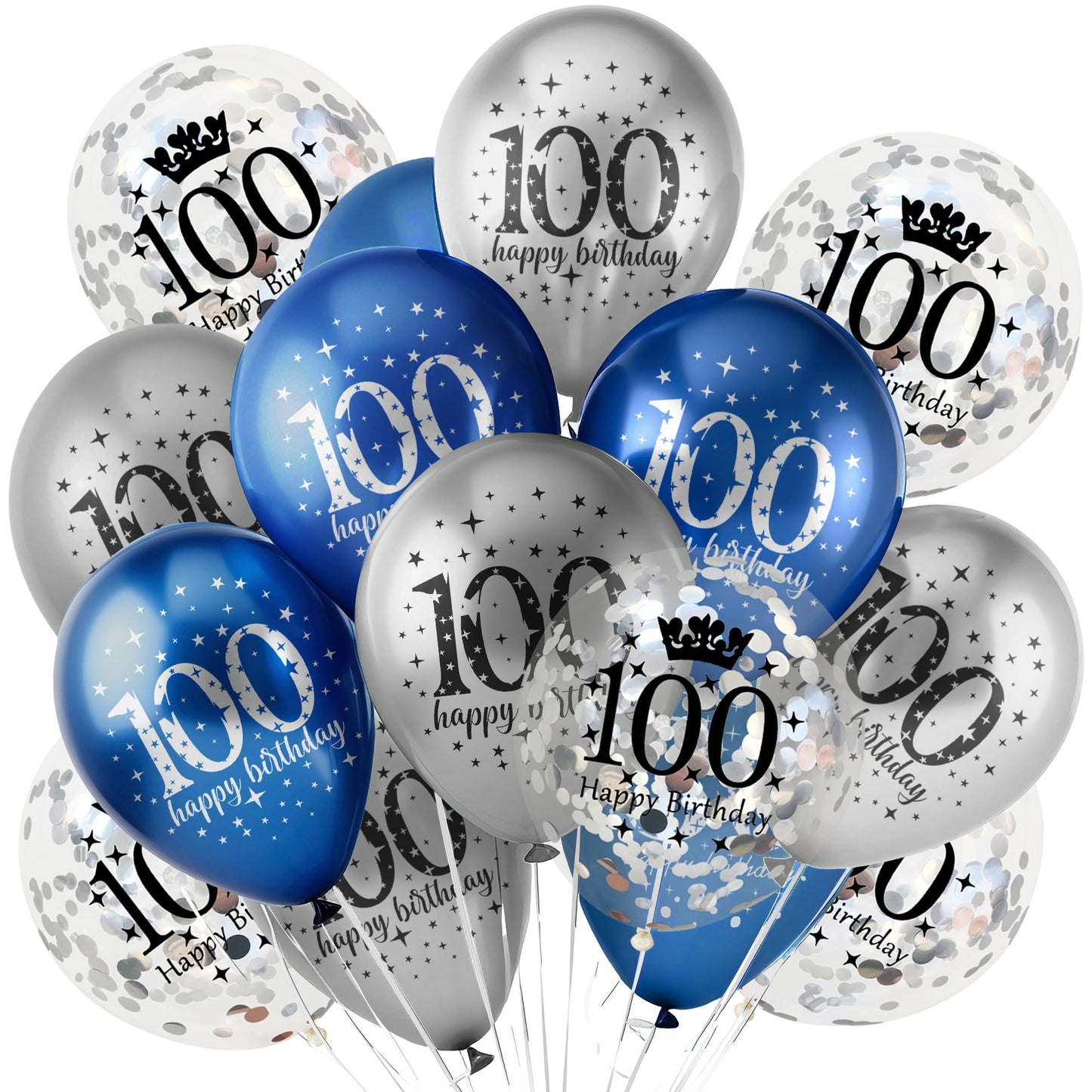 UniBirthLon 18Pcs Happy Birthday Balloons Set, Navy Blue & Silver, Confetti Latex for 100th Birthday Party Decorations