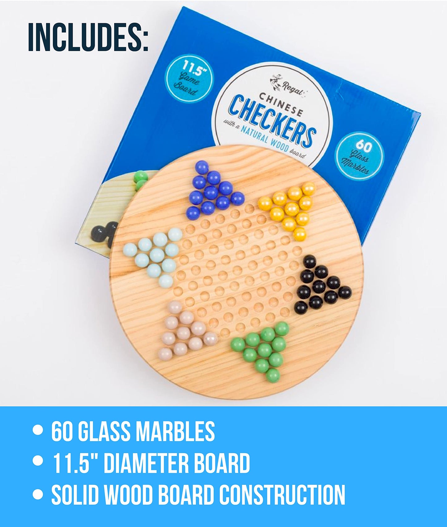 Regal Games Chinese Checkers Board Game With 60 Glass Marbles And 11.5” Board - Wooden Family Fun Game Set
