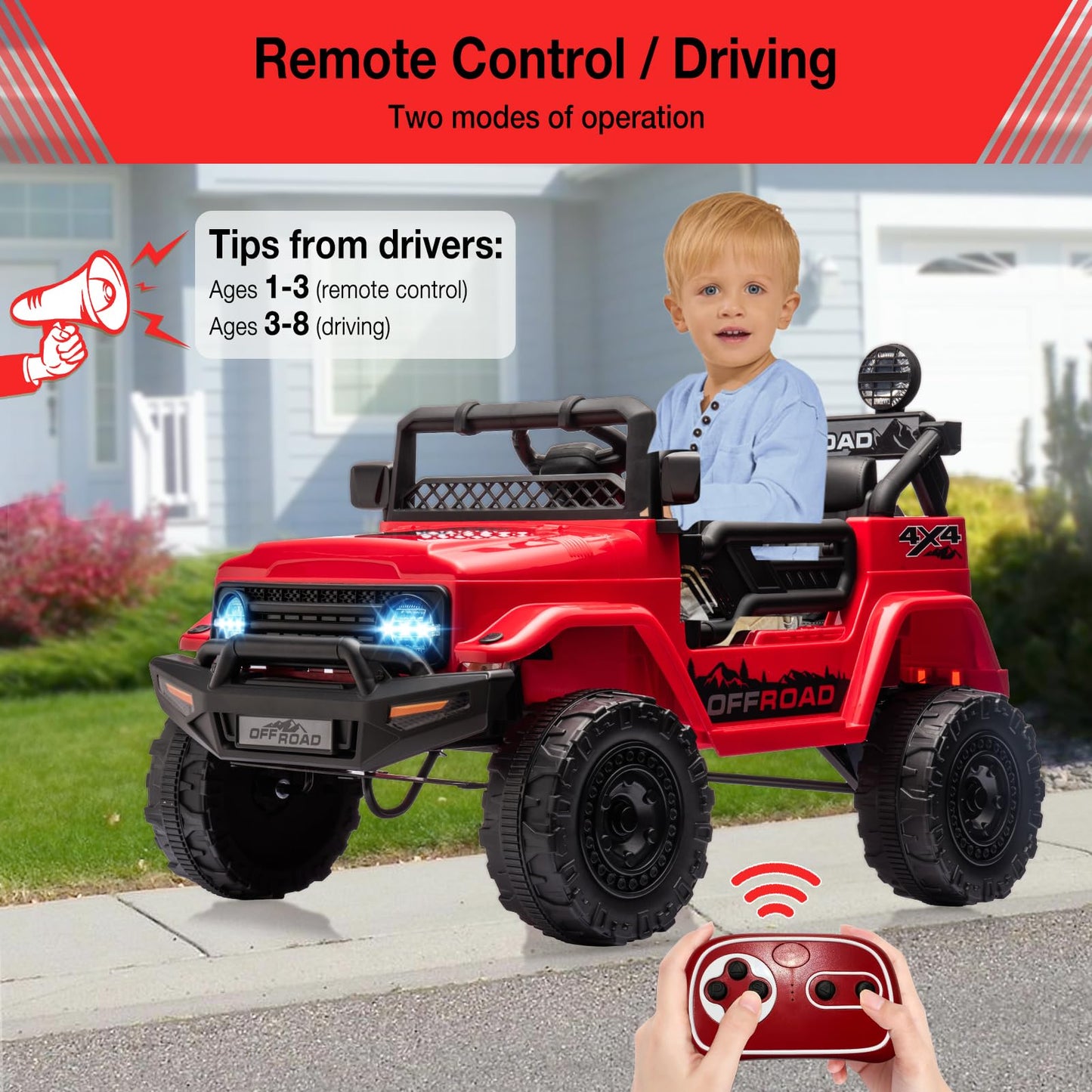 Hetoy Electric Car For Kids, 12V Ride On Truck Car With Remote Control Spring Suspension, Led Lights, Music, 3 Speeds