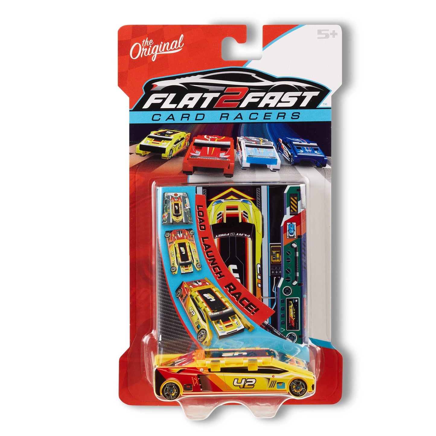 FLAT 2 FAST Yellow 42 Card Racer | Load, Launch, Race - Pocket-Sized Racecar Toy Ages 5 and up (Sold Each)