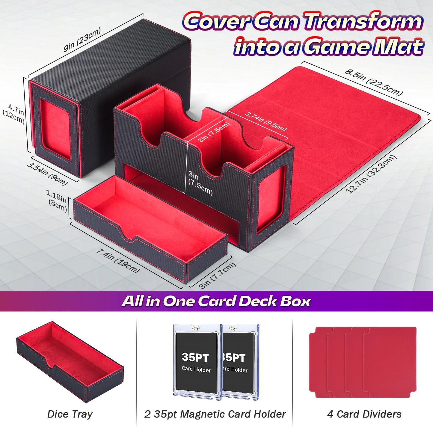 PUKYO MTG Deck Box for 320+ Cards, Leather Commander Box with Dice Tray, 4 Dividers, Black&Red - Perfect for TCG/CCG Collectors