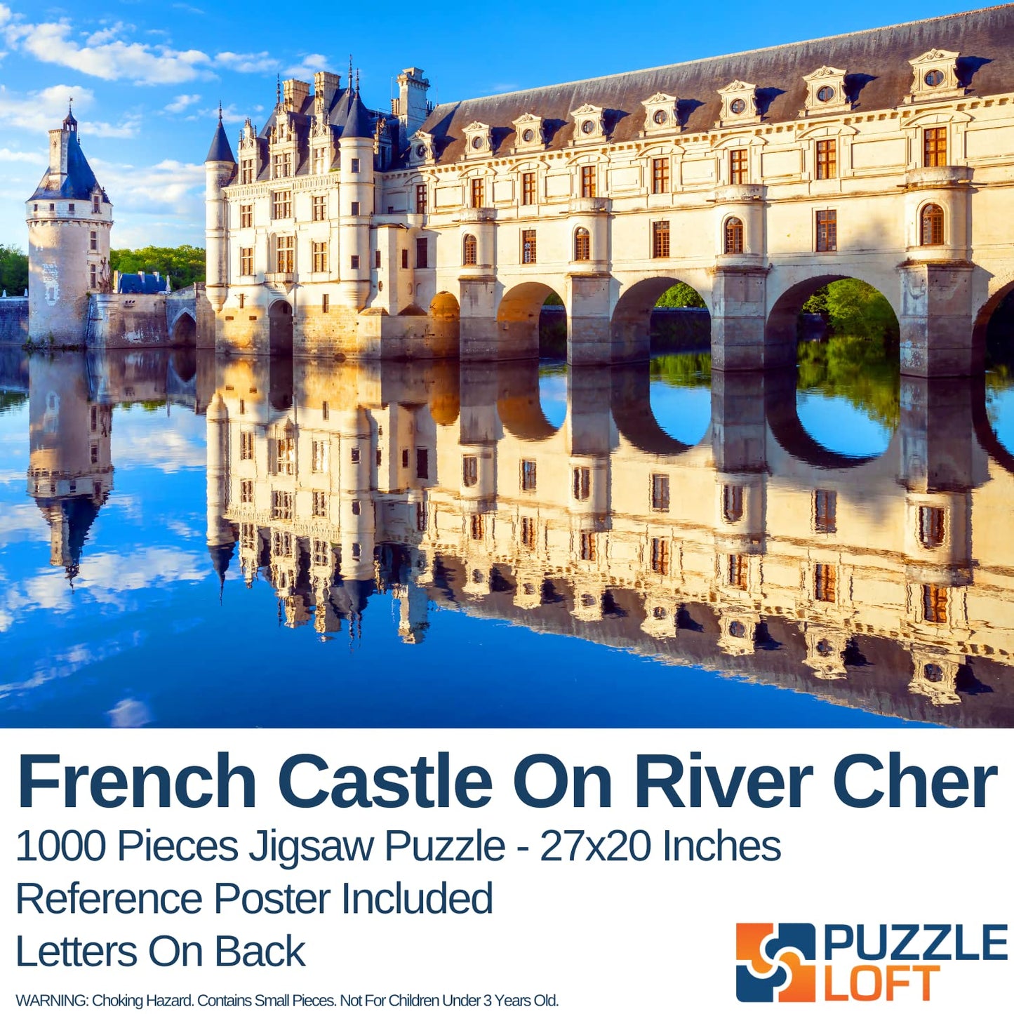 Jigsaw Puzzle for mature-themeds 1000 Pieces - French castle On River cher - Size Large 27 x 20 inch - Refrence Poster 11x16  Sturdy Tight Fitting Pieces  Letters On Back  Rated Hard