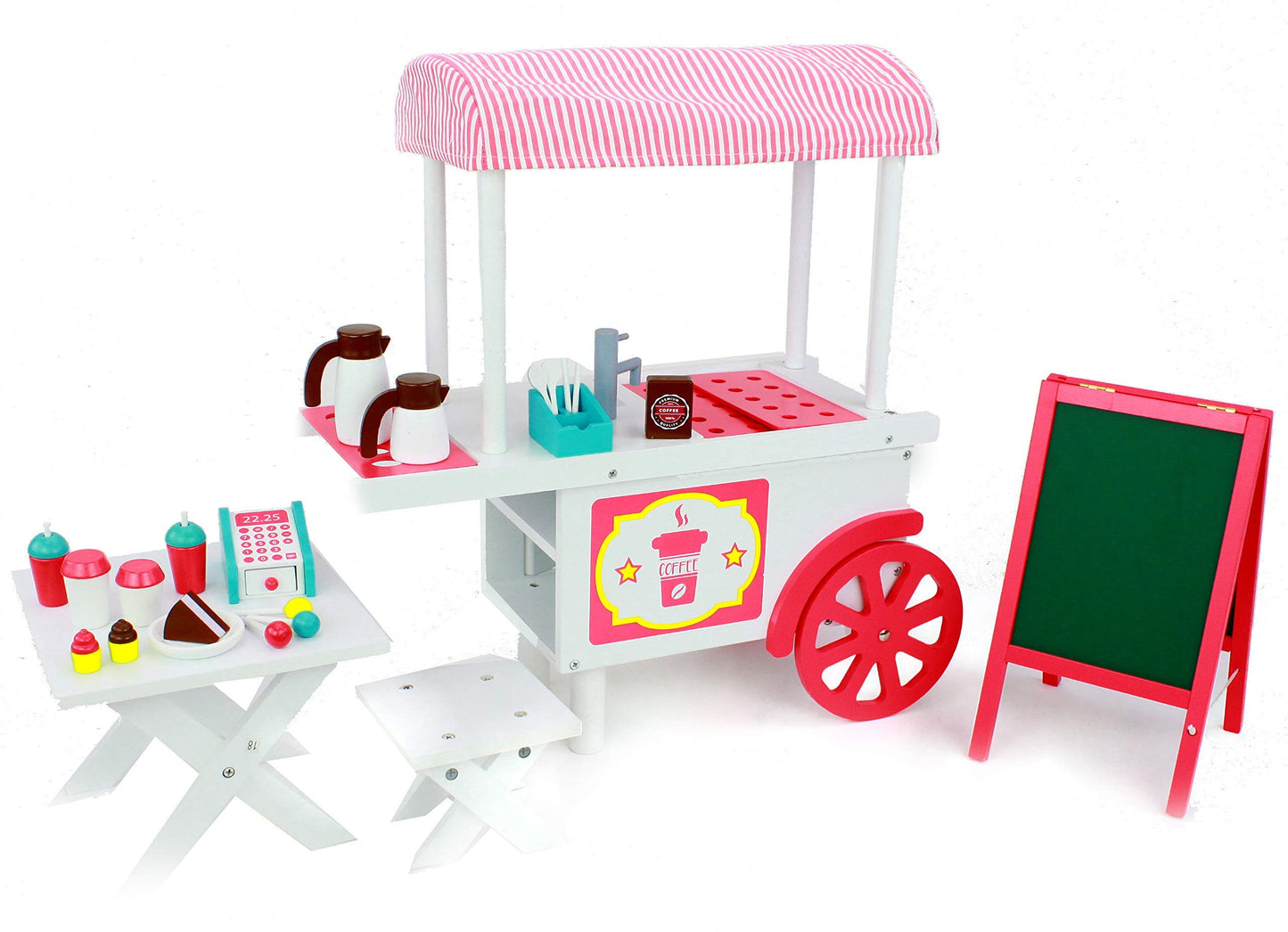 Playtime By Eimmie 18 Inch Doll Furniture - Cafe Food Cart And Dolls Accessories - Wooden Playsets - Fits American, Generation, My Life & Similar 14”-18” Girl Dolls Stuff - Girls Toys