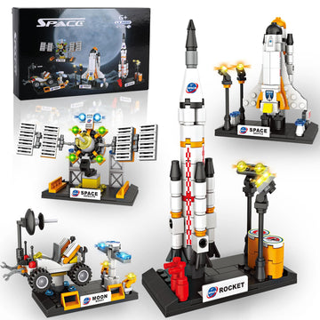 Space Exploration Shuttle Toys For Boys, Stem Aerospace Building Kit Toy With Rocket, Space Shuttle, Moon Buggy And Satellite, B