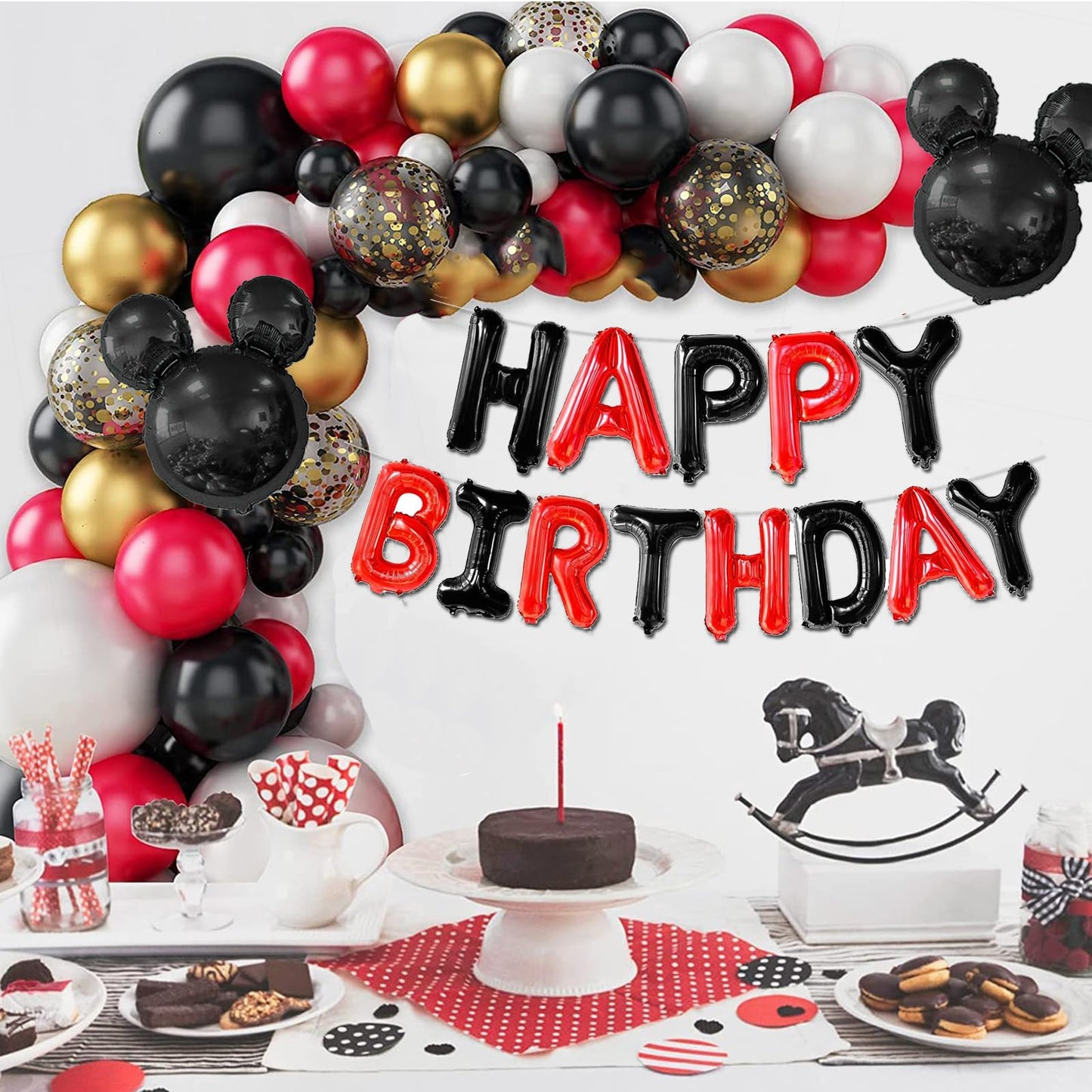 16 Inch Red Black Happy Birthday Balloons Letters Banner & 2Pcs Mini Mouse Head Balloons Cartoon Mouse Birthday Party Supplies R