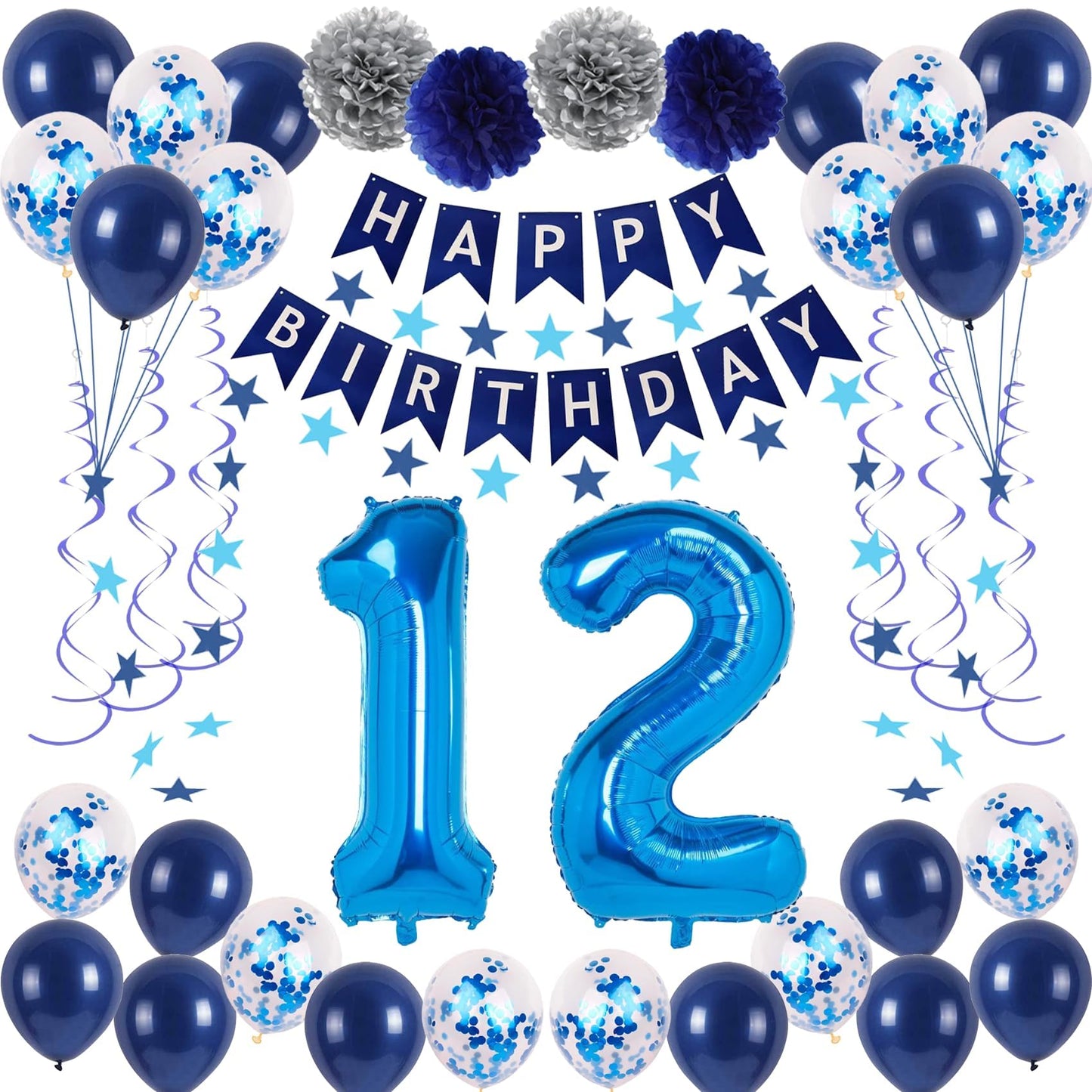 Naninuneno 12Th Blue Birthday Party Decorations For Boy Girl Men Women, Happy 12 Birthday Balloons Supplies With Happy Birthday