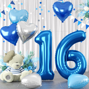 Biapian 40 Inch Blue Number 16 Balloons, 8Pcs Large Foil Number 1 & 6 Balloons With 18'' Blue Silver Heart Shape Balloon For 16T