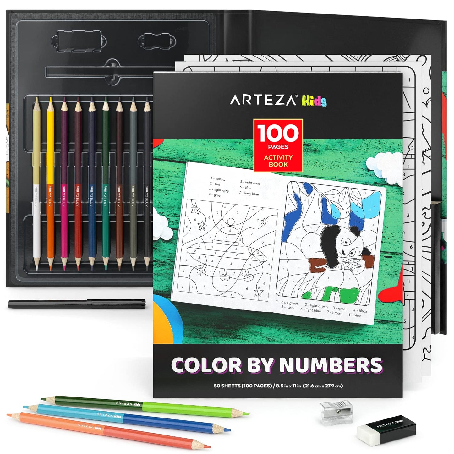 Arteza Kids Activity Book, Color by Numbers Coloring Book, 8.5 x 11 Inches, School Supplies for Ages 6 and Up, 50 Sheets, 12 Dou
